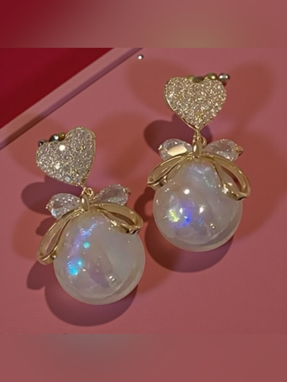 💛Gold & White Pave’ Heart Drop Iridescent Orb Earrings/NIP💛
